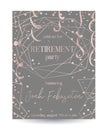 Retirement party invitation. Design template with rose gold polygonal frame, confetti and serpentine.