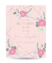 Retirement party invitation. Design template with rose gold polygonal frame and floral elements in watercolor style. Pink camellia