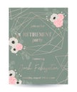 Retirement party invitation. Design template with rose gold polygonal frame and floral elements in watercolor style. Pink camellia