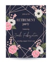 Retirement party invitation. Design template with rose gold polygonal frame and floral elements in watercolor style.