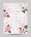 Retirement party invitation. Design template with rose gold polygonal frame and floral elements in watercolor style on white marbl
