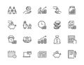 Retirement plan flat line icons set. Pension payment, money deposit, investment fund balance sheet inheritance vector