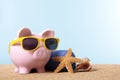 Retirement plan, pension fund, vacation, travel savings concept, Piggy Bank beach