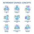 Retirement saving concept icons set