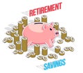 Retirement savings concept, cute Piggy Bank with cash money doll Royalty Free Stock Photo