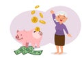 Retirement Savings Ideas old woman character saving money put in a pink piggy bank flat style cartoon illustration vector Royalty Free Stock Photo