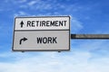 Retirement versus work white metal road sign on blue sky background Royalty Free Stock Photo