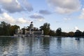 Retiro pond with the boats and ducks that are in the water with a slightly cloudy afternoon in the Retiro Park, in Madrid