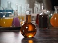 Retort with amber liquid. Laboratory glassware with colorful liquids on the table Royalty Free Stock Photo