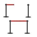 Retractable belt stanchion set. Portable ribbon barrier. Red striped hazard fencing tape.