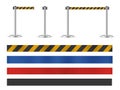 Retractable belt stanchion set, portable ribbon barrier.