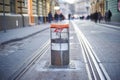 Retractable bollards with a red light. Lviv, Ukraine