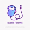 Retractable leash with carabiner for dog thin line icon. Pet accessory. Modern vector illustration for pet shop