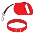 Retractable leash and collar for dog. Modern roulette lead for pets. Animal accessories for walk. Cartoon illustration.