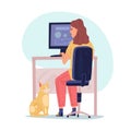 Retrieval virus illustration. The girl is sitting at the monitor and reading information about the virus. Cat in a