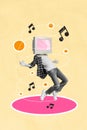 Retro abstract creative artwork template collage of dancing guy vintage screen instead head isolated beige color