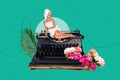 Retro abstract creative template collage of charming lady relaxing vintage typewriter isolated green color background Royalty Free Stock Photo