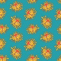 Retro abstract doodle bright happy unreal sun faces seamless pattern. Naive ethnic style. Ink hand drawn surreal fantasy sun