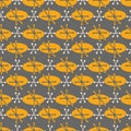 Retro abstract oval and star burst vector seamless pattern background. Mid century backdrop in brown and orange