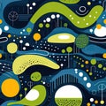 Retro abstract pattern with circles, trees, and playful streamlined forms (tiled)
