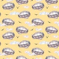 Retro aerostat vintage style watercolor seamless pattern isolated on beige.