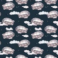 Retro aerostat vintage style watercolor seamless pattern isolated on dark.