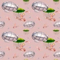 Retro aerostate vintage style watercolor seamless pattern isolated on pink.