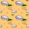 Retro aerostate vintage style watercolor seamless pattern isolated on yellow.