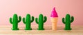 Retro aesthetic still life with summer decorations, Summer vacation vibes concept with cactus and ice cream