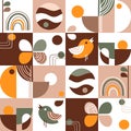 Retro aesthetics geometric pattern.Abstract geometric texture background with birds and floral elements Bauhaus .Vector Royalty Free Stock Photo