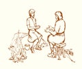 Vector drawing. Jacob gives soup to Esau