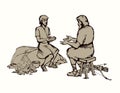Vector drawing. Jacob gives soup to Esau
