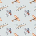 Retro air planes vintage style watercolor illustration seamless pattern isolated