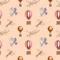 Retro air planes vintage style watercolor seamless pattern isolated on beige Royalty Free Stock Photo