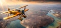 retro air travel poster, vintage adventure card, flight on a retro airplane over big river valley. Panorama of big river valley at Royalty Free Stock Photo