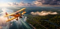 retro air travel poster, vintage adventure card, flight on a retro airplane over big river valley. Panorama of Mississippi