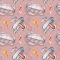 Retro aircraft vintage style watercolor seamless pattern isolated on pink.