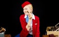 Retro Airline Stewardess Preparing for Work