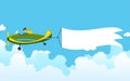 Retro airplane with a banner. Biplane aircraft pulling advertisement banner. Plane with white ribbon for message area