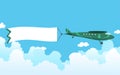 Retro airplane with a banner. Biplane aircraft pulling advertisement banner. Plane with white ribbon for message area