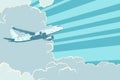 Retro airplane flying in the clouds. Air travel background