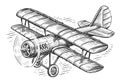 Retro airplane flying in the sky. Biplane with piston engine sketch. Vintage transport illustration