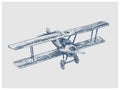 Retro airplane hand drawn blue sketch raster