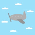 Retro airplane in sky. Minimalistic cute illustration with vintage plane and clouds. Cartoon vector aircraft