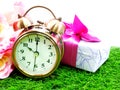 Retro alarm clock with flowers background Royalty Free Stock Photo