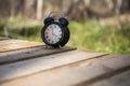 Retro alarm clock in green forest. Abstract photo of time Royalty Free Stock Photo