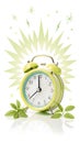 Retro alarm clock with green leaves and bright light burst Royalty Free Stock Photo