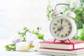 Retro alarm clock, notebook and spring flowers. Royalty Free Stock Photo