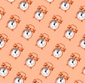 Retro alarm clock pattern on coral background. Time, accuracy concept