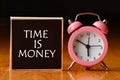 Retro alarm clock and the text `time is money`. Royalty Free Stock Photo